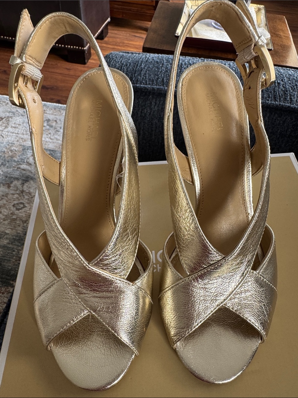 Michael Kors Metallic Gold Crisscross Peep-Toe Slingback Heels - Picture 2 of 8